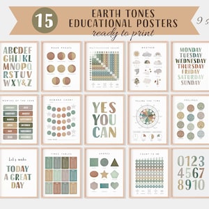 Earth Tones Educational Posters Set, 15 Homeschool Prints, Montessori Classroom Decor, Toddler Playroom Decor, Digital Download