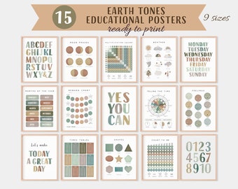 Earth Tones Educational Posters Set, 15 Homeschool Prints, Montessori Classroom Decor, Toddler Playroom Decor, Digital Download