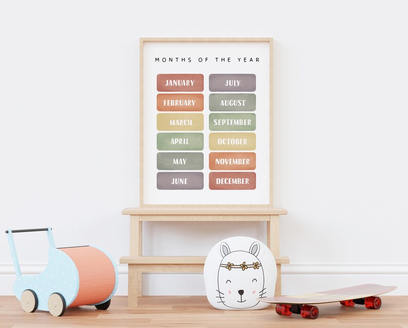 Months of the Year Poster, Playroom Educational Poster, Rainbow Nursery ...