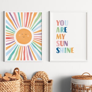 Set of 2 Playroom Posters, Watercolor Sun Poster, You Are My Sunshine, Nursery Wall Art, Sun Wall Art, Girls Room Decor, Digital Download