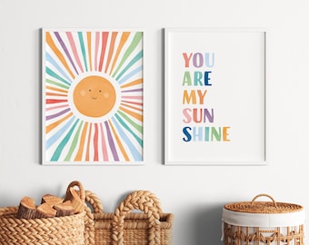 2er Set Spielzimmer Poster, Aquarell Sonne Poster, Du bist mein Sonnenschein, Kinderzimmer Wandkunst, Sonne Wandkunst, Mädchenzimmer Dekor, digitaler Download