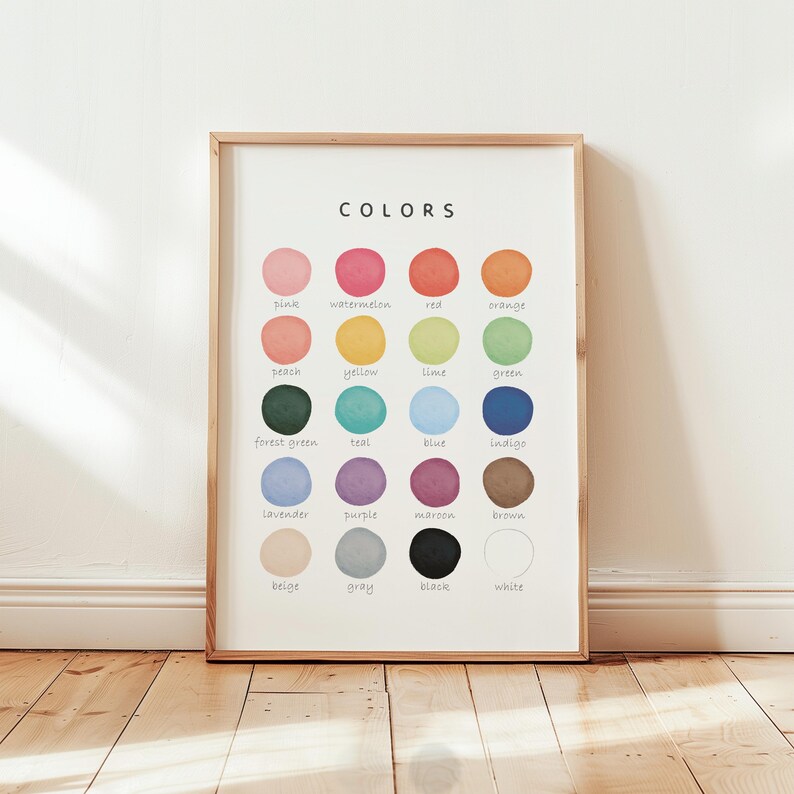 20 colors chart poster with labeled color names for kids learning