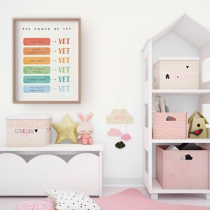 May include: A white framed motivational poster with the text "THE POWER OF YET" and a list of phrases with the word "YET" at the end of each phrase. The poster is hanging on a white wall. There is a white toy house shelf unit with pink storage boxes and a birdhouse on the top shelf. There is a white storage bench with a pink and white storage box on top of it. There is a pink and white rug on the floor.