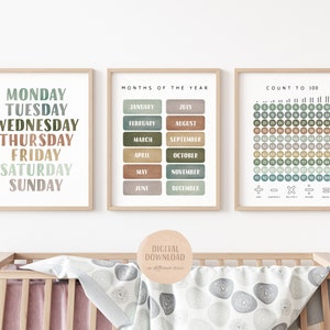 Set Of Educational Posters, 8 Homeschool Prints, Montessori Classroom Decor, Earth Tones Kids Decor, Toddler Playroom, Digital Download image 2