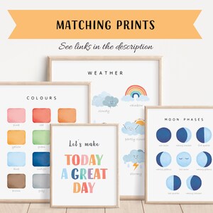 Op de afbeelding: Set van zes printbare posters voor kinderen met kleurrijke illustraties van het weer, kleuren, maanfasen en een motiverend citaat. De posters zijn ingelijst in licht hout.