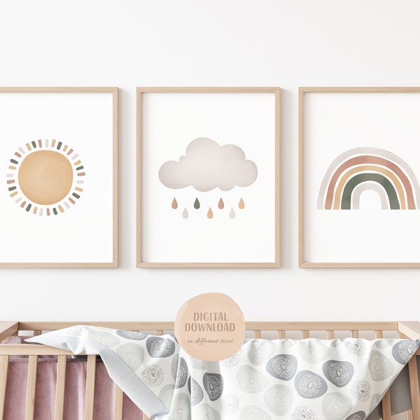 Set of 3 Rainbow Prints, Beige Nursery Prints, Nursery Wall Art, Sun, Cloud, Rainbow Nursery Prints, Digital Download