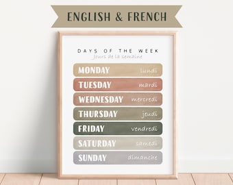 Bilingual French Educational Poster, Playroom Educational Poster, English to French, French Classroom, Learning Poster, Digital Download