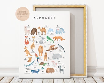 Animal Alphabet Print, ABC Poster, Watercolour Alphabet, Playroom Decor, Nursery Wall Art, Nursery Alphabet, DIGITAL DOWNLOAD
