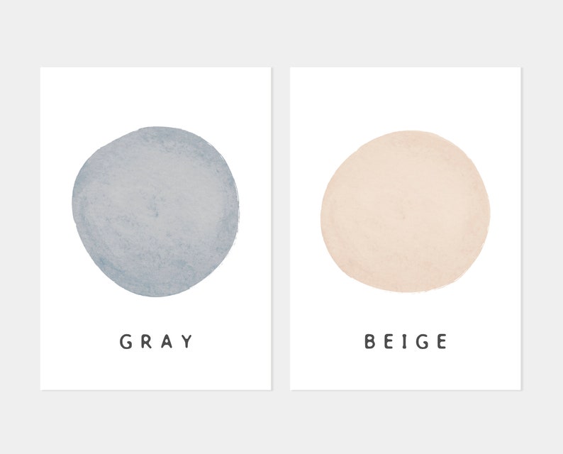 May include: Two watercolour circles, one grey and one beige, on a white background. The word "GRAY" is below the grey circle and the word "BEIGE" is below the beige circle.