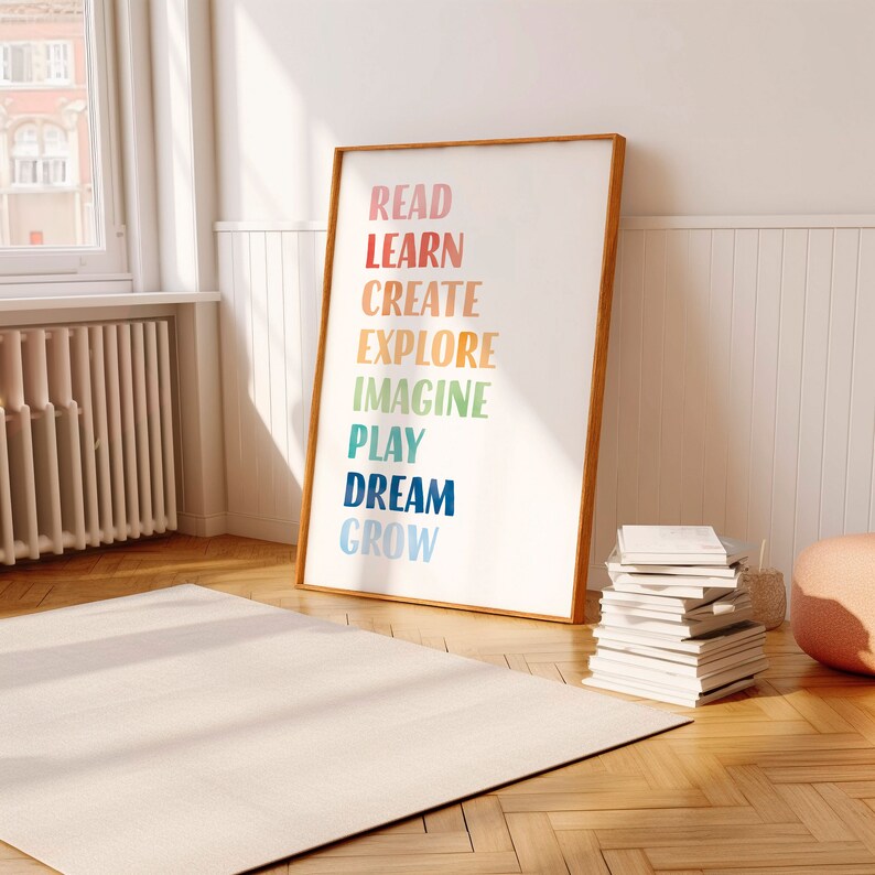 Play All Day, Let's read, let's play, nursery wall decor, rainbow playroom wall art baby room decor, classroom posters, teacher printable, educational poster.
