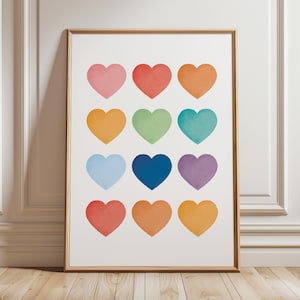 Regenbogen Herzen Poster, lebendige Spielzimmer Dekoration, Aquarell Kinderzimmer Herzen Druck, Regenbogen Baby Zimmer Dekor, Mädchen Zimmer Dekor, digitaler Download