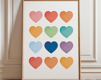 Rainbow Hearts Poster, Vibrant Playroom Decor, Watercolor Nursery Hearts Print, Rainbow Baby Room Print, Girls Room Decor, Digital Download