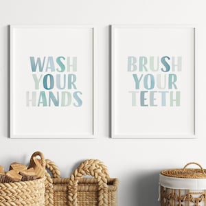 Was uw handen print, poets uw tanden, badkamer poster, afdrukbare kunst aan de muur, educatieve kunst, badkamer regels poster, digitale download