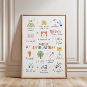 Cute rainbow music affirmations poster for kids with positive phrases and musical illustrations for classroom or practice room decor