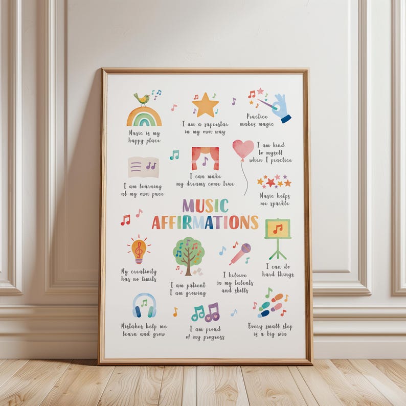 Cute rainbow music affirmations poster for kids with positive phrases and musical illustrations for classroom or practice room decor