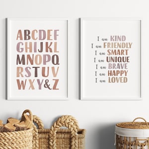 2er Set Lernposter, Neutrales ABC Poster, Neutrale Affirmationen Druck, Aquarell Wandkunst, Spielzimmer Dekor, Digitaler Download