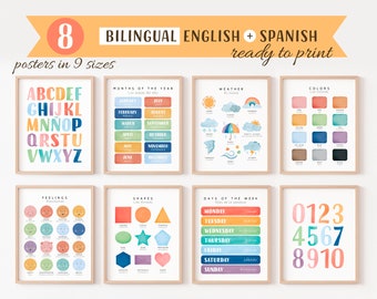 8 Bilingual Spanish Educational Posters, Spanish Learning Postes, Set of 8 Educational Posters,  Homeschool Printables, Digital Download