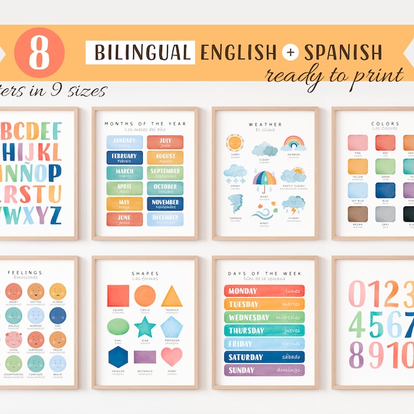 8 Bilingual Spanish Educational Posters, Spanish Learning Postes, Set of 8 Educational Posters,  Homeschool Printables, Digital Download