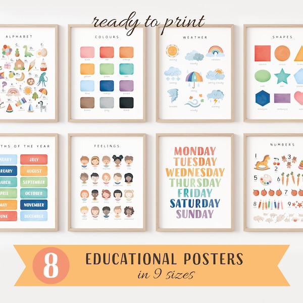 Set Of Educational Posters, 8 Homeschool Prints, Montessori Classroom Decor, Rainbow Kids Decor, Toddler Playroom Decor, Digital Download