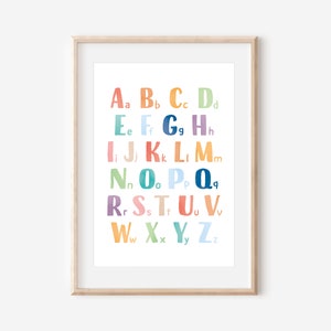 May include: A colorful alphabet chart with each letter in a different color and a watercolor effect. The letters are arranged in rows, with the uppercase letter first and the lowercase letter second.