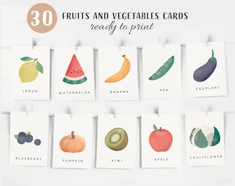 30 Fruits and Vegetables Cards | Montessori flashcards | Pre-School Cards | Educational Printable Cards | Instant Download