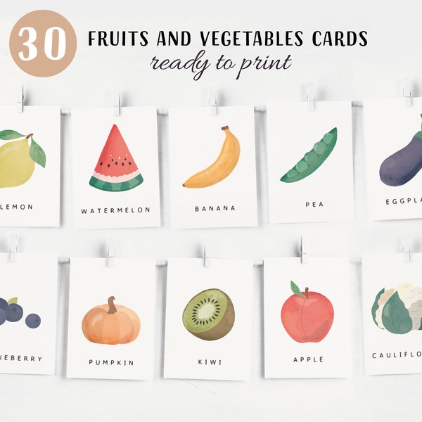 30 Fruits and Vegetables Cards | Montessori flashcards | Pre-School Cards | Educational Printable Cards | Instant Download