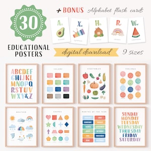 Lot de 30 affiches éducatives, décoration de salle de classe Montessori, alphabet à imprimer, impressions arc-en-ciel pour chambre d'enfant, art pour l'école à la maison, téléchargement numérique N22
