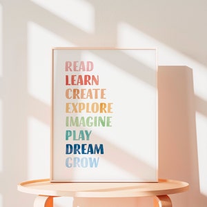 Play All Day, Let's read, let's play, nursery wall decor, rainbow playroom wall art baby room decor, classroom posters, teacher printable, educational poster.