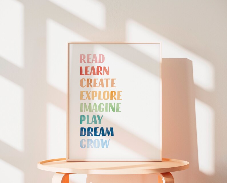 Play All Day, Let's read, let's play, nursery wall decor, rainbow playroom wall art baby room decor, classroom posters, teacher printable, educational poster.