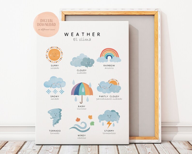 May include: A colorful educational chart with illustrations of different weather conditions, including sunny, cloudy, rainy, snowy, windy, stormy, and a rainbow. The chart is titled "Weather" and includes Spanish translations for each weather condition.