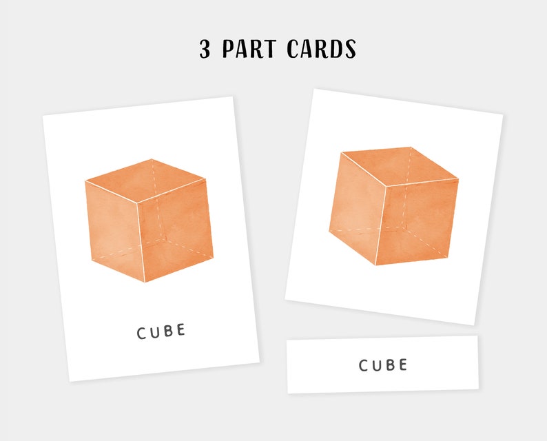 Pu&ograve; includere: Tre carte in tre parti per imparare le forme. Le carte mostrano un'immagine di un cubo e la parola "CUBE" scritta sotto l'immagine.