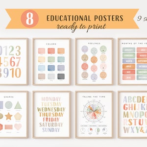 Ensemble d'affiches éducatives, 8 impressions d'école à la maison, décor de salle de classe Montessori, décor neutre pour enfants, décor de salle de jeux pour tout-petits, téléchargement numérique