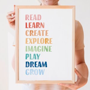 Play All Day, Let's read, let's play, nursery wall decor, rainbow playroom wall art baby room decor, classroom posters, teacher printable, educational poster.