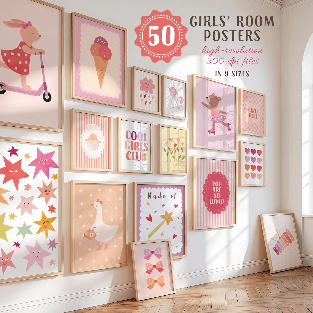 50 Girls Room Wall Art Prints Bundle – Pink Nursery Decor Set, Kids