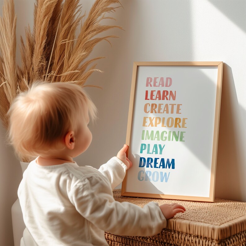 Play All Day, Let's read, let's play, nursery wall decor, rainbow playroom wall art baby room decor, classroom posters, teacher printable, educational poster.