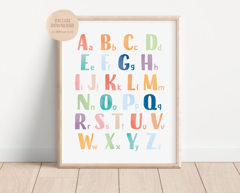 May include: A colorful alphabet chart with each letter in a different color and a lowercase letter below it. The letters are in a watercolor style.