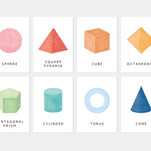 Pu&ograve; includere: Un set di otto carte illustrate che presentano diverse forme geometriche, tra cui una sfera, una piramide quadrata, un cubo, un ottaedro, un prisma pentagonale, un cilindro, un toro e un cono. Ogni carta ha un'illustrazione della forma in stile acquerello e il suo nome stampato sotto.