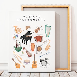 Cartel de instrumentos musicales, cartel educativo, decoración de escuela en casa, impresión musical arcoíris, guardería Montessori, descarga digital