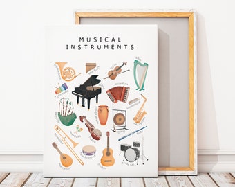 Poster di strumenti musicali, poster educativo, decorazioni per la scuola domestica, stampa musicale arcobaleno, asilo nido Montessori, download digitale