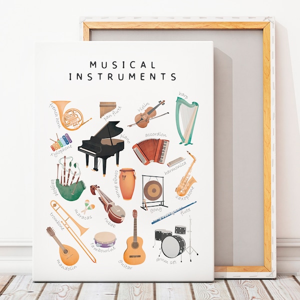 Cartel de instrumentos musicales, cartel educativo, decoración de escuela en casa, impresión musical arcoíris, guardería Montessori, descarga digital