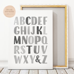 Gray Alphabet Poster, Watercolour Alphabet, ABC Print, Nursery Alphabet Printable Wall Art, Educational Wall Art, Digital Download