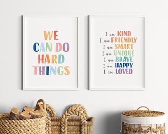 Set of 2 Affirmation Posters, Kids Positive Affirmation Wall Art, Daily Affirmations, We Can Do Hard Things, DIGITAL DOWNLOAD