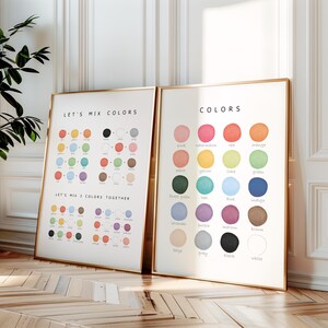 Kids playroom wall art set featuring color chart and color mixing poster in cozy beige nursery