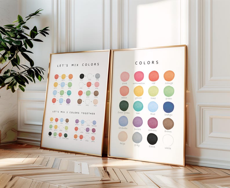Kids playroom wall art set featuring color chart and color mixing poster in cozy beige nursery