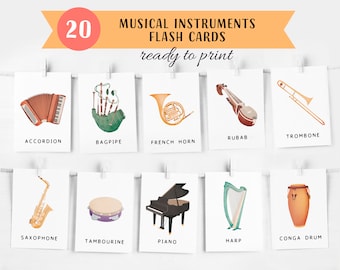 20 Musical Instruments Flash Cards, Montessori Materials, Pre-School Cards, Rainbow Educational Printable Cards, INSTANT DOWNLOAD