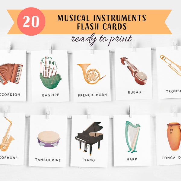 20 Tarjetas Flash de Instrumentos Musicales, Materiales Montessori, Tarjetas Preescolares, Tarjetas Imprimibles Educativas Arco Iris, DESCARGA INSTANTÁNEA