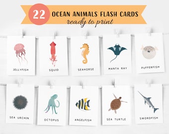 22 Ocean Animals Cards, Montessori flash cards, Pre-School Cards, Rainbow Educational Printable Cards, INSTANT DOWNLOAD