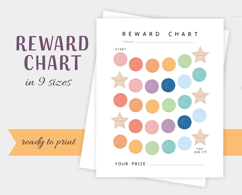 May include: A printable reward chart with a colorful design. The chart has 25 circles in various colors, with stars at the top and bottom. The text "REWARD CHART" is at the top of the chart, and the text "YOU DID IT!" is at the bottom. The text "Name:" and "YOUR PRIZE:" are also included.