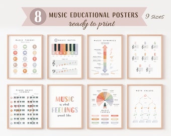 May include: Eight printable music educational posters with colorful illustrations and text. The posters cover topics like music theory, basic notes, music dynamics, piano chords, music tempos, and note values.