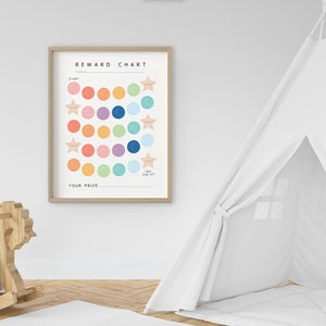 May include: A printable reward chart with a colorful design. The chart features a grid of circles in various colors, including pink, orange, yellow, green, blue, and purple. The chart also includes a section for a "prize" and the text "You did it!" at the bottom.